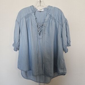 Blue Lace Up Short Sleave Peasant Blouse. Boho,bohemian